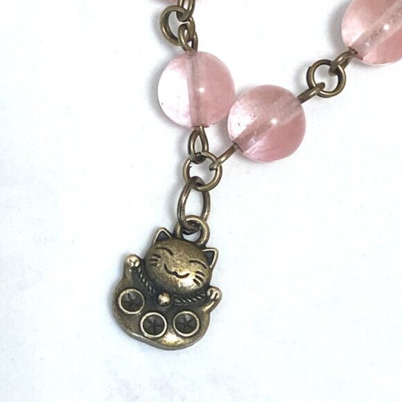 Cute Cherry Quartz Bronze Fortune Cat Adjustable Pendant Choker - Picture 4 of 16